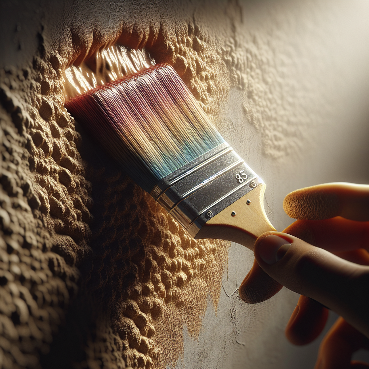 A close-up of a paintbrush with bristles subtly coated in vibrant medium, hovering above a stucco wall.