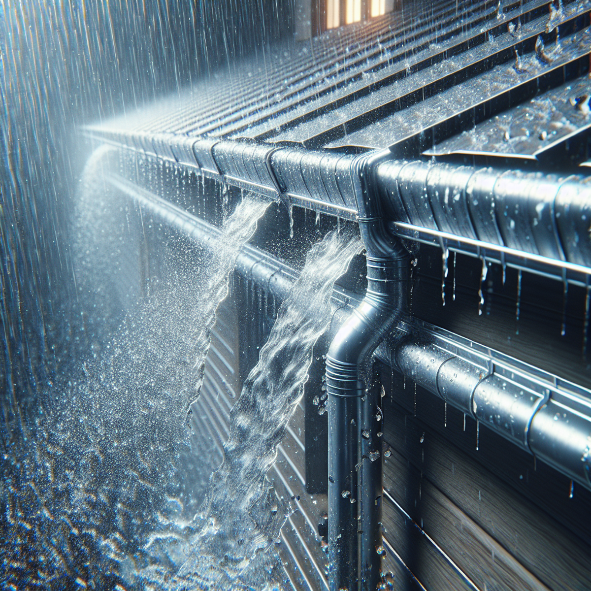 Raindrops cascading down a metal gutter system on a house during a heavy downpour.