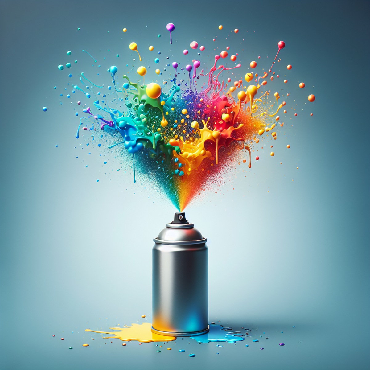A spray paint can releasing a burst of colorful droplets into the air.