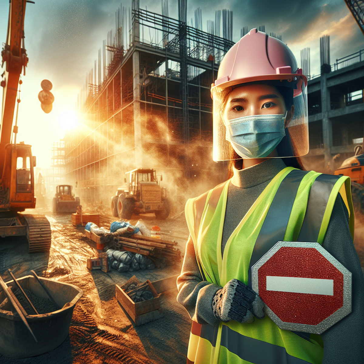 A South Asian woman wearing protective gear and holding a safety sign at a construction site.