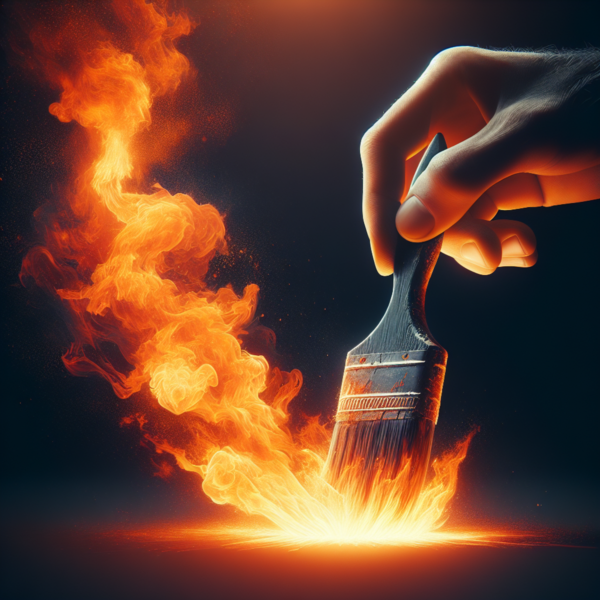 A paintbrush being dipped into a blaze of fire alt text: A paintbrush with fiery red and orange flames engulfing the bristles as it is dipped into the intense heat.