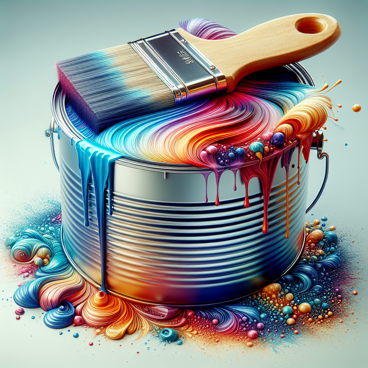 A paint can with a brush dipped in paint thinner, showcasing the vibrant colors and textures of the paint.
