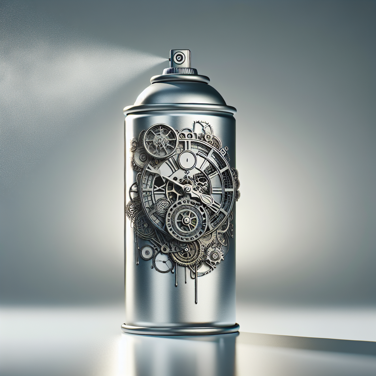 A steel spray paint can with fine mist in mid-air, superimposed with a vintage mechanical clock symbolizing quick drying time and efficiency.