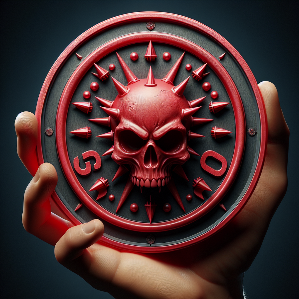 A hand holding a red stop sign with a menacing skull in the center.