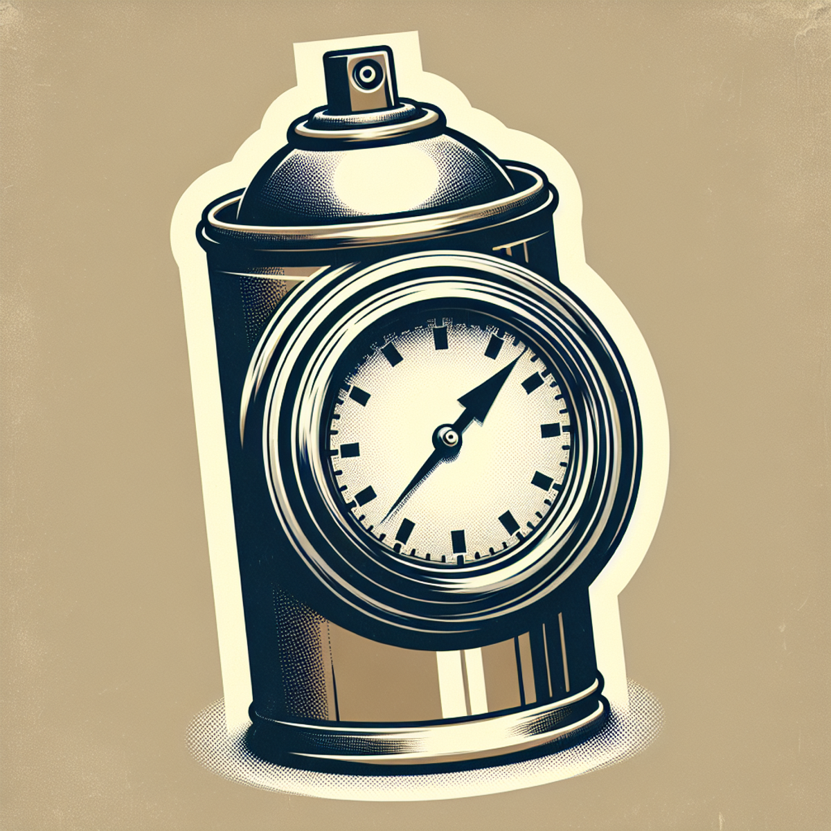A vintage metallic spray paint can with a clock wrapped around its cylindrical shape.