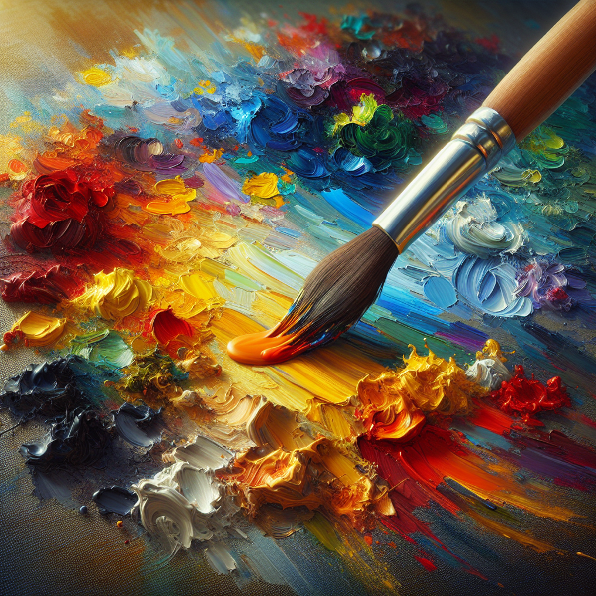 A paintbrush poised above a canvas filled with vibrant oil paint strokes.