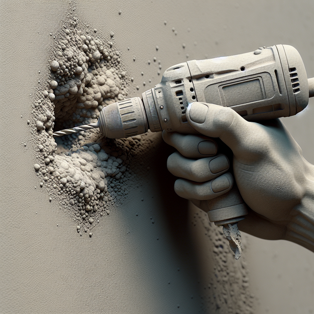 A person using a drill on a stucco wall.