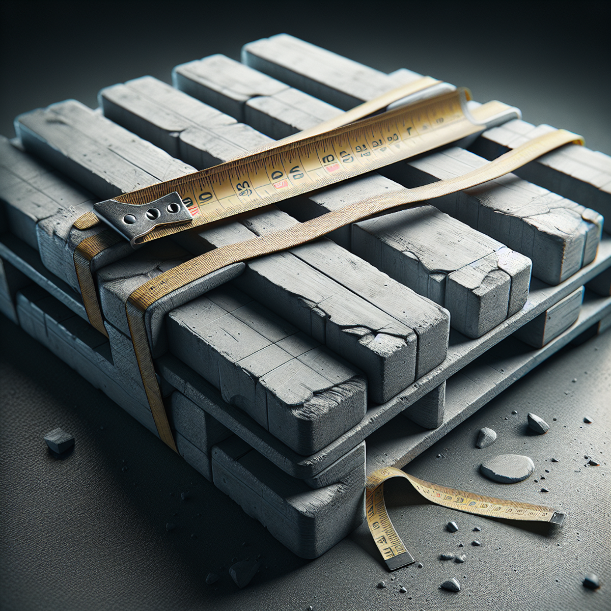 Close-up of weathered concrete pallet with measuring tape wrapped around it.