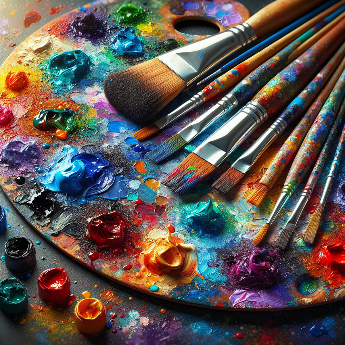A paint palette with various colors and paintbrushes.