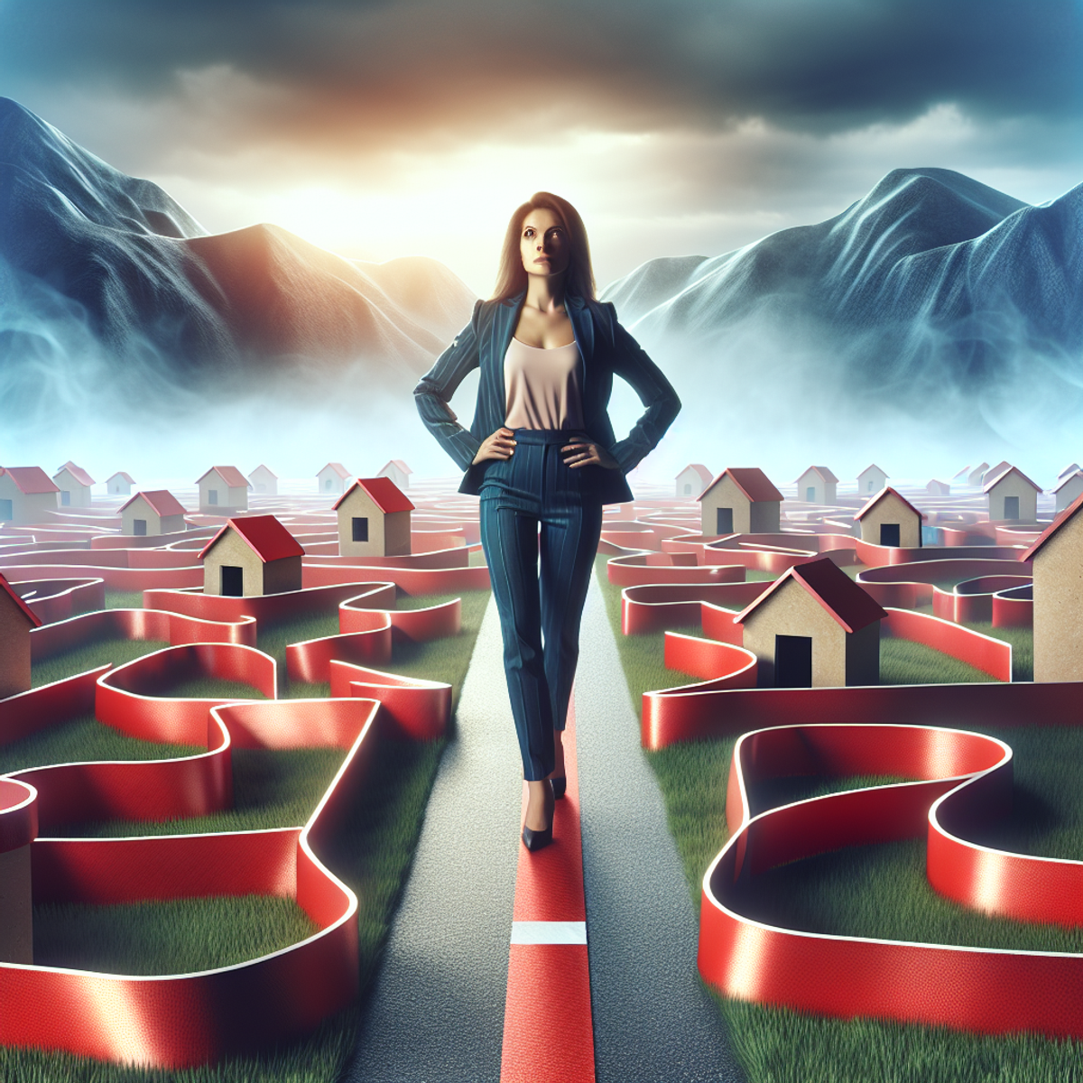 A Hispanic female homeowner stands at the entrance of a labyrinth constructed from red tape and minute-looking houses, symbolizing state and local regulations.