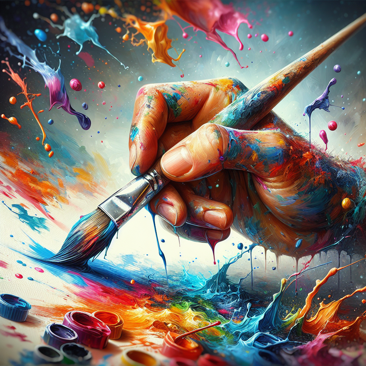 A hand holding a paintbrush dipped in vibrant acrylic paint, surrounded by colorful splashes and splatters.