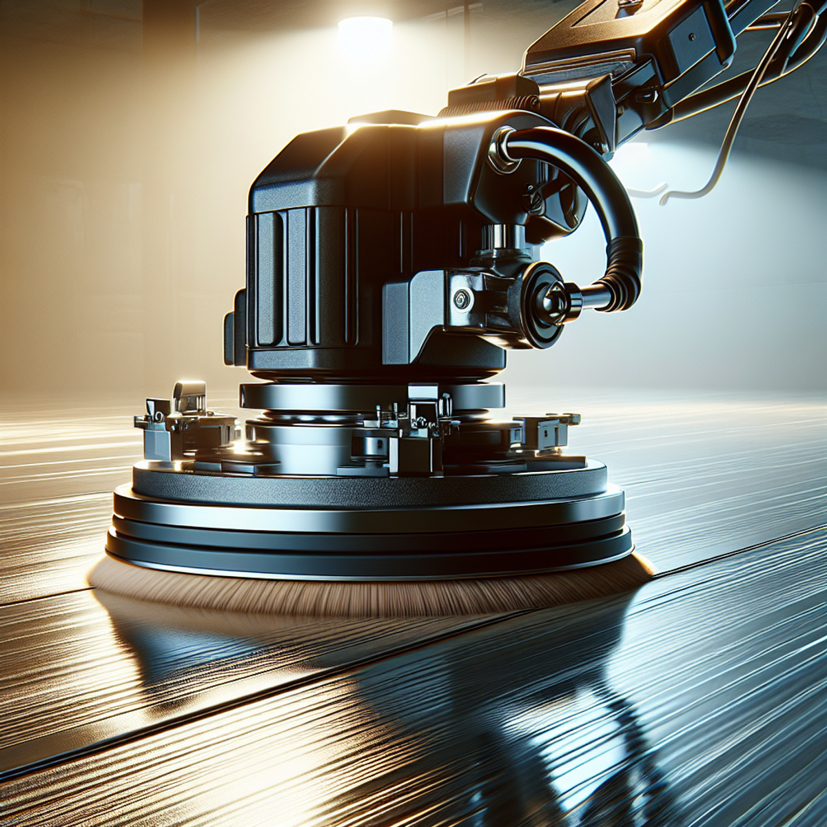 A burnishing machine in action, creating a glossy and flawless finish on a hard floor surface.