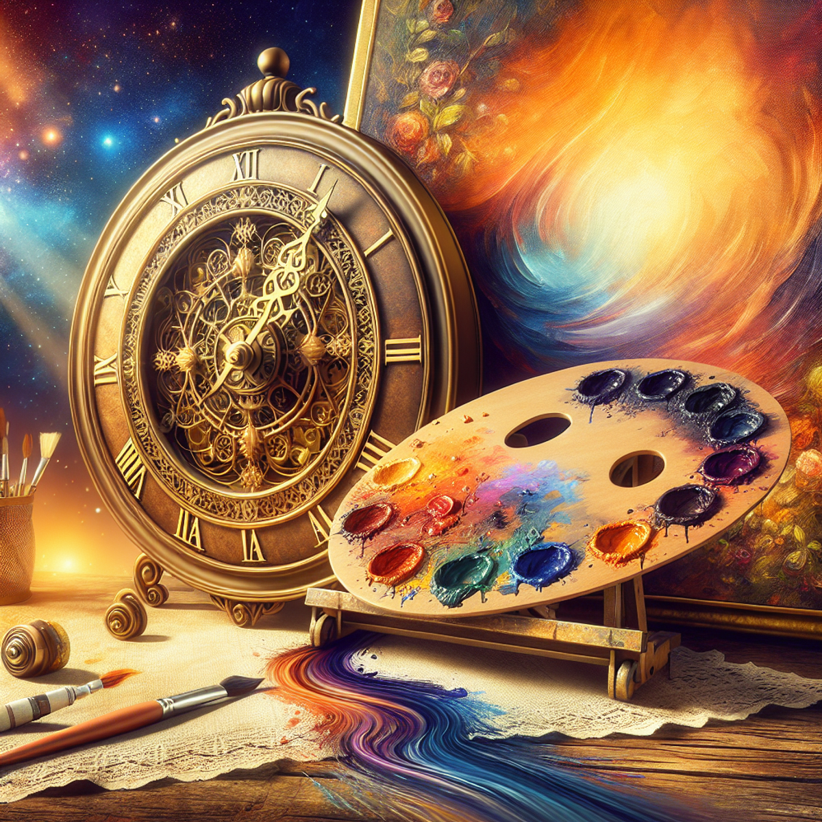 A vintage clock with intricate hands sits in the foreground, next to a partially dried palette of paints. A trail of dried paint leads from the palette to the clock, symbolizing the concept of oil paint drying time.