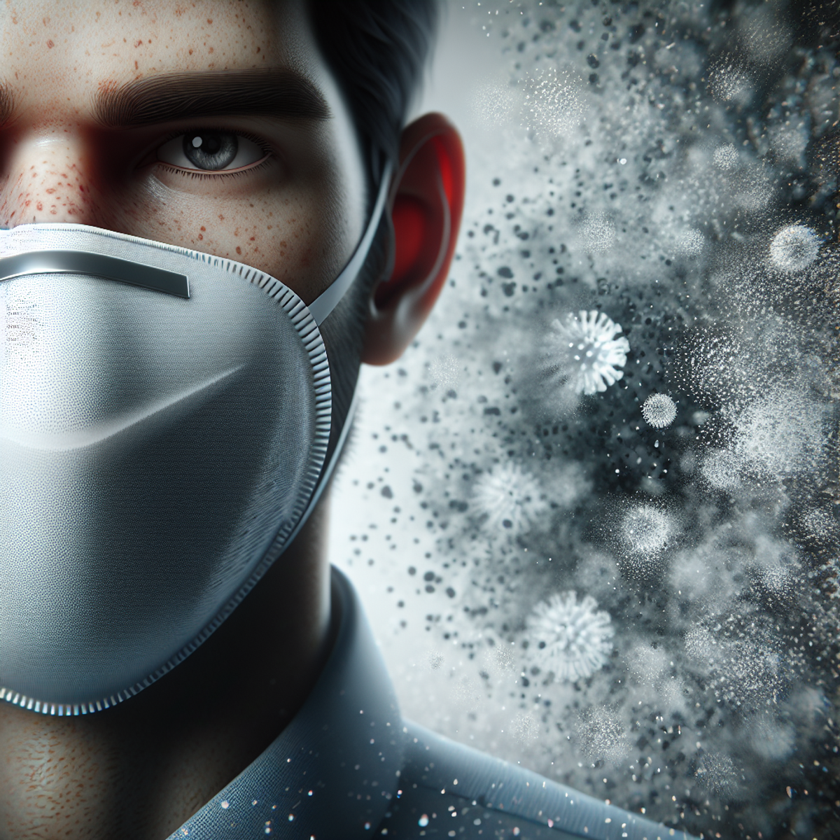 A person wearing a protective mask with a cautious yet determined expression, surrounded by a cloud of fine, microscopic particles.