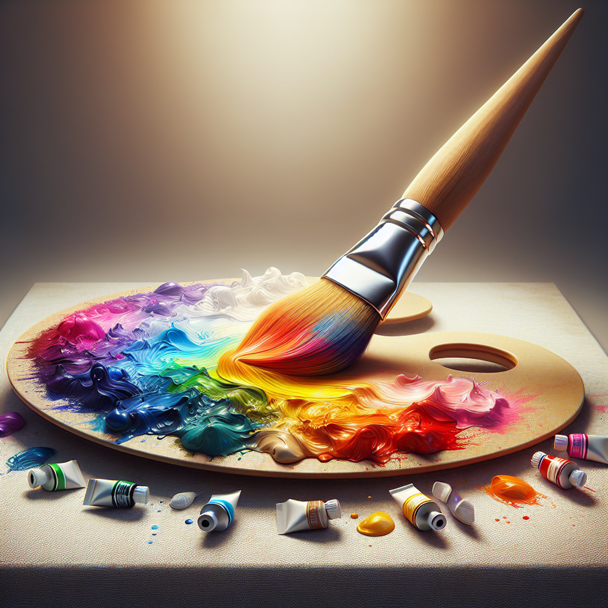A paintbrush immersed in a palette of multicolored acrylic paints, ready to create art on a blank canvas.