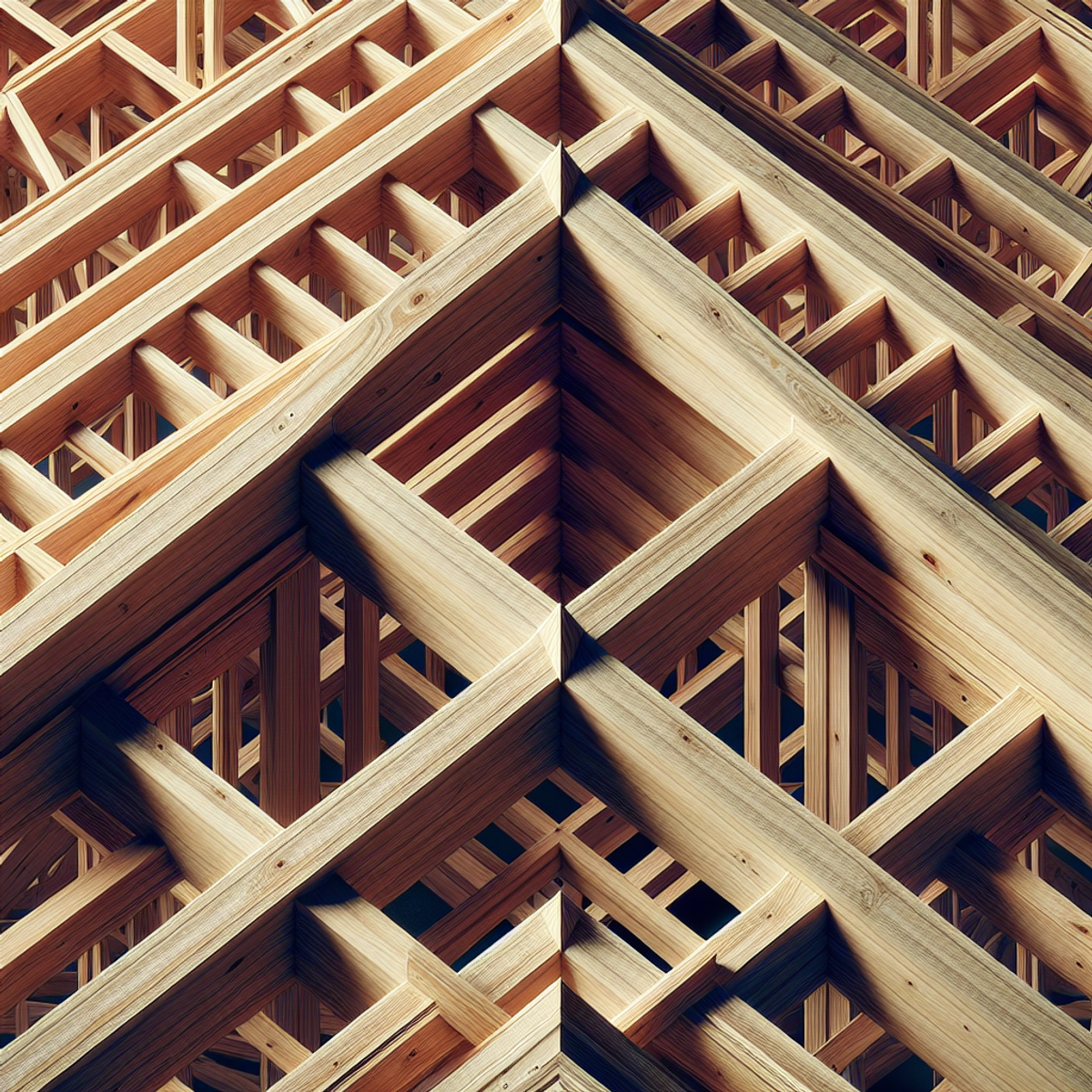 A close-up image of a wooden roof truss, showcasing the intricate craftsmanship and strength of the framing system.