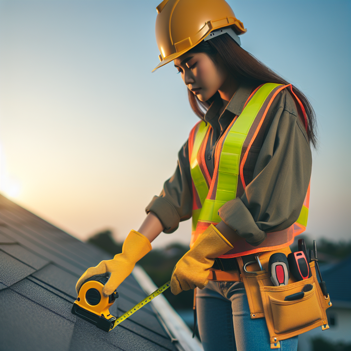 A South Asian female construction worker standing on a low-slope roof, wearing safety gear and holding a tape measure.