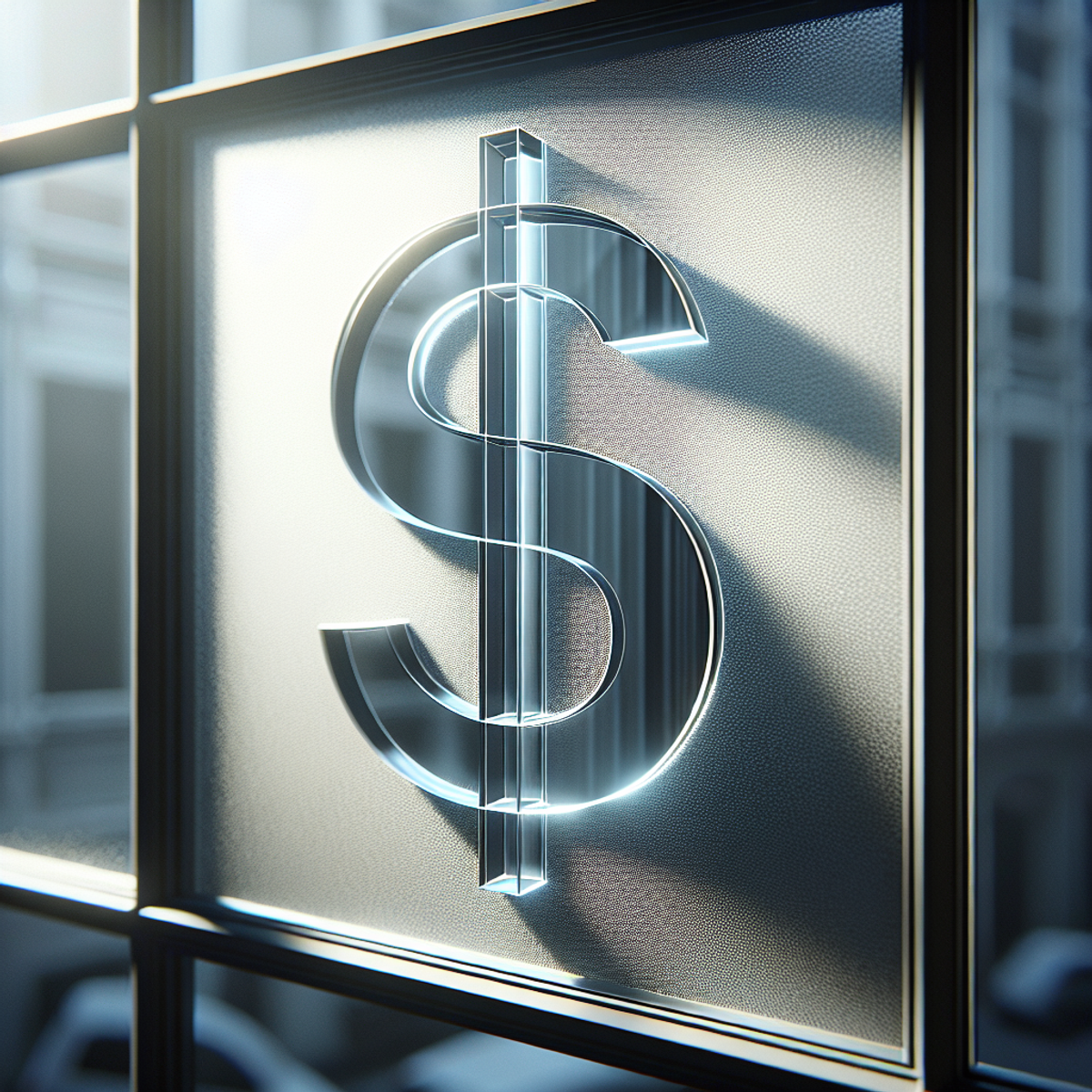 A close-up of a window pane with a deeply etched dollar sign symbol.