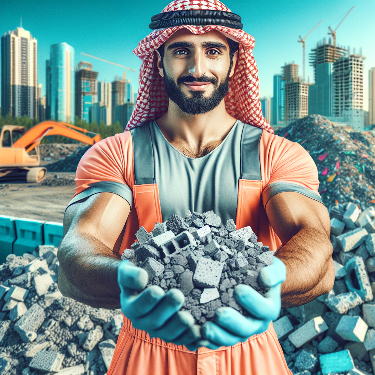 A construction worker holding a piece of crushed concrete at a construction site.