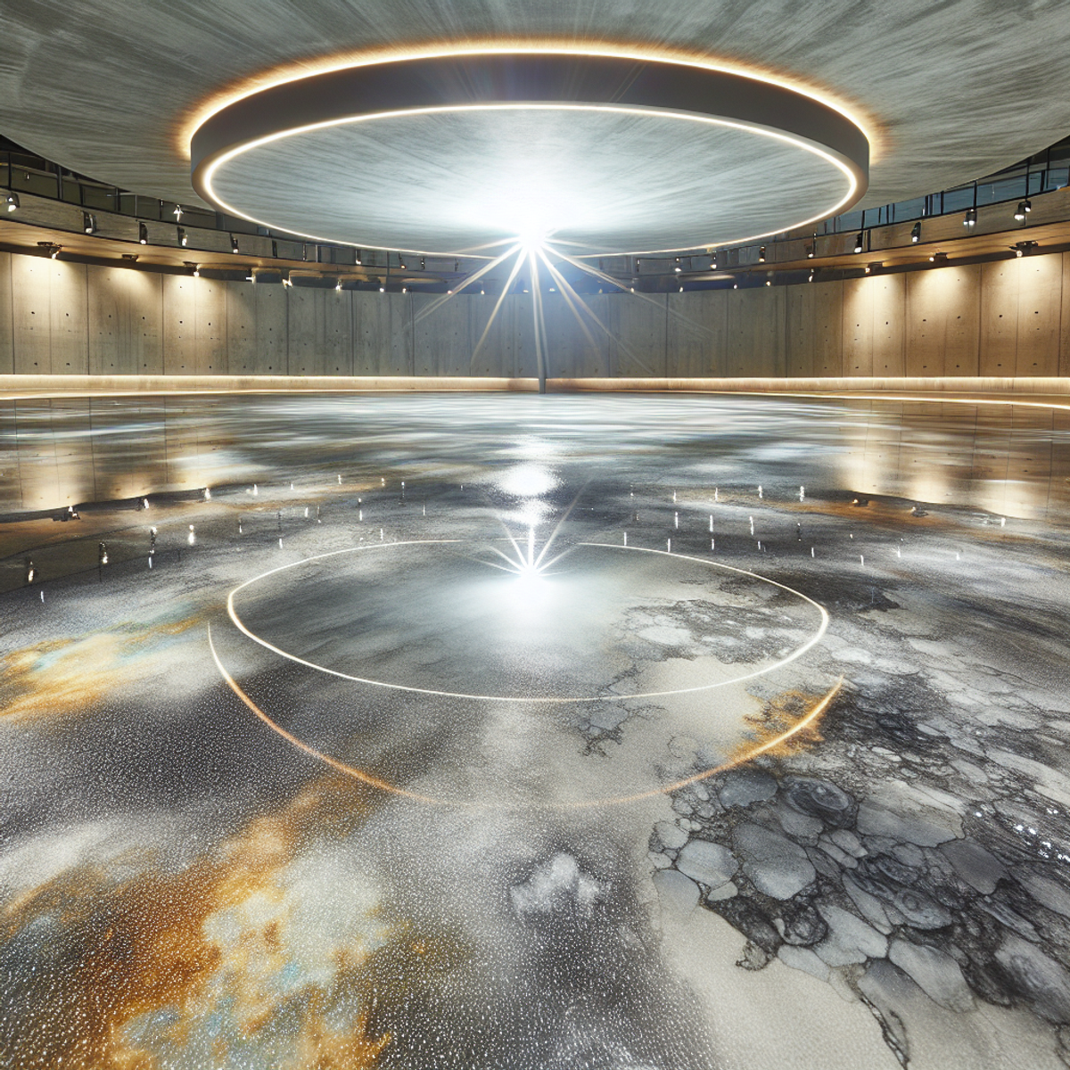 Polished concrete surface with acid-etched color variety.