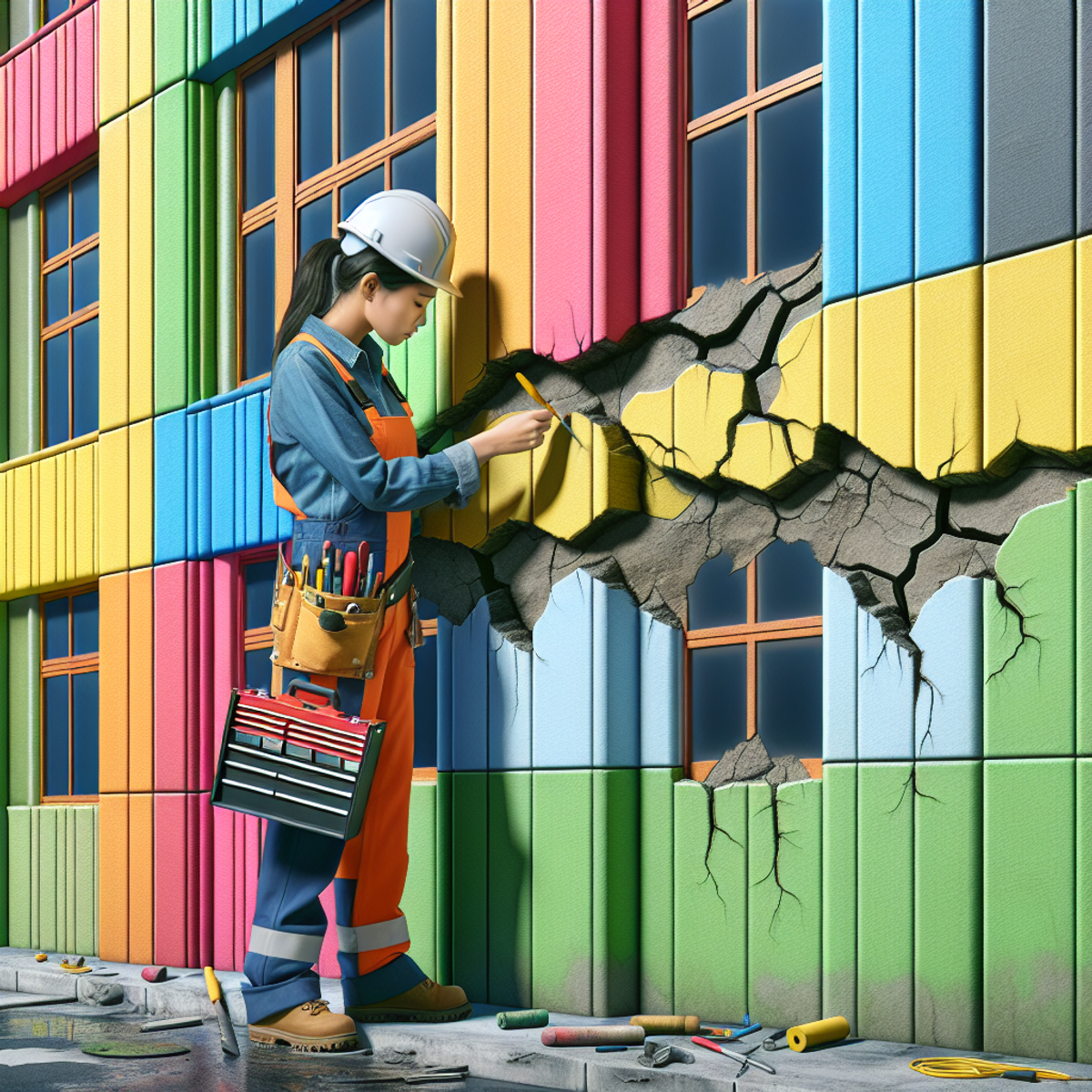 A South Asian female contractor meticulously examines a large, noticeable crack on the exterior of a multicolored commercial structure.