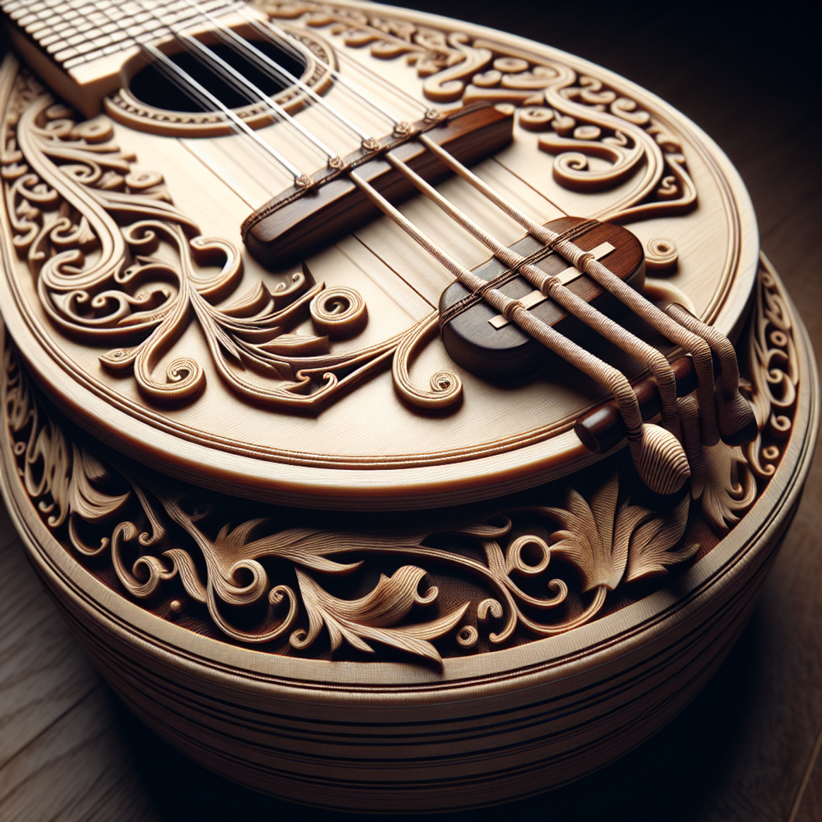 A close-up of a finely crafted wooden violin, showcasing the intricate details and natural texture of the wood.