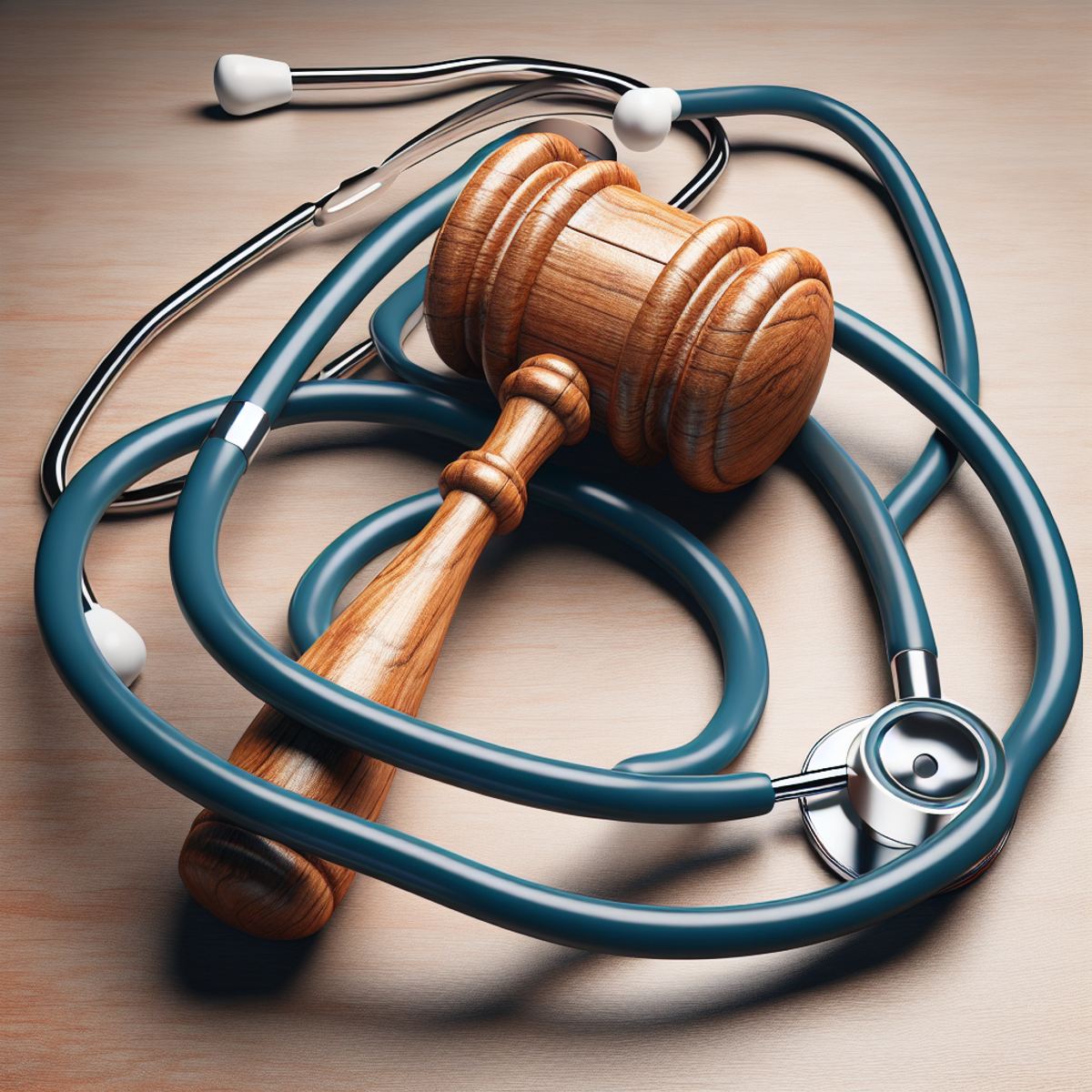 Wooden gavel and medical stethoscope twisted together, representing the connection between legal and healthcare spheres.