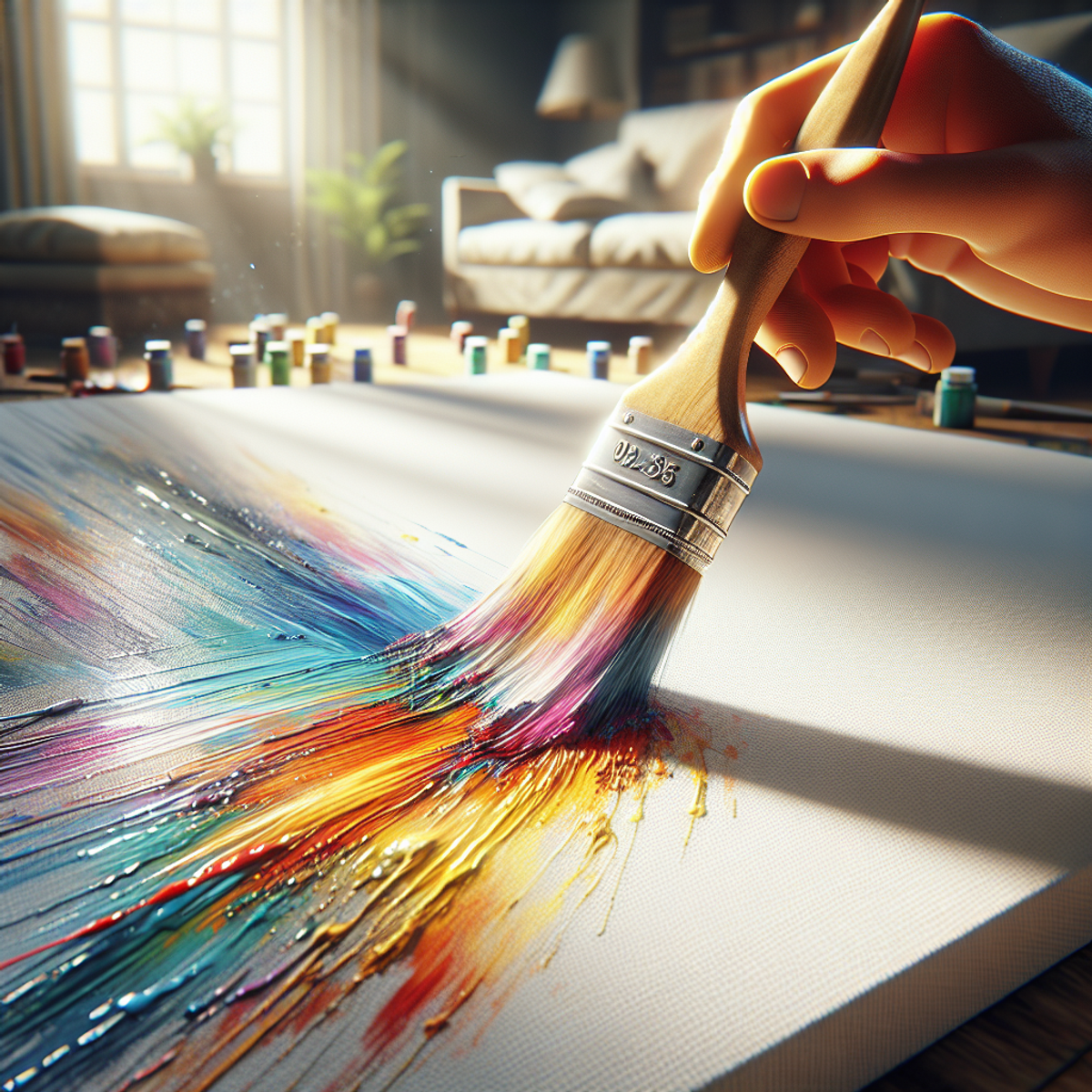Alt text: A hand holding a paintbrush with colorful streaks on a canvas.