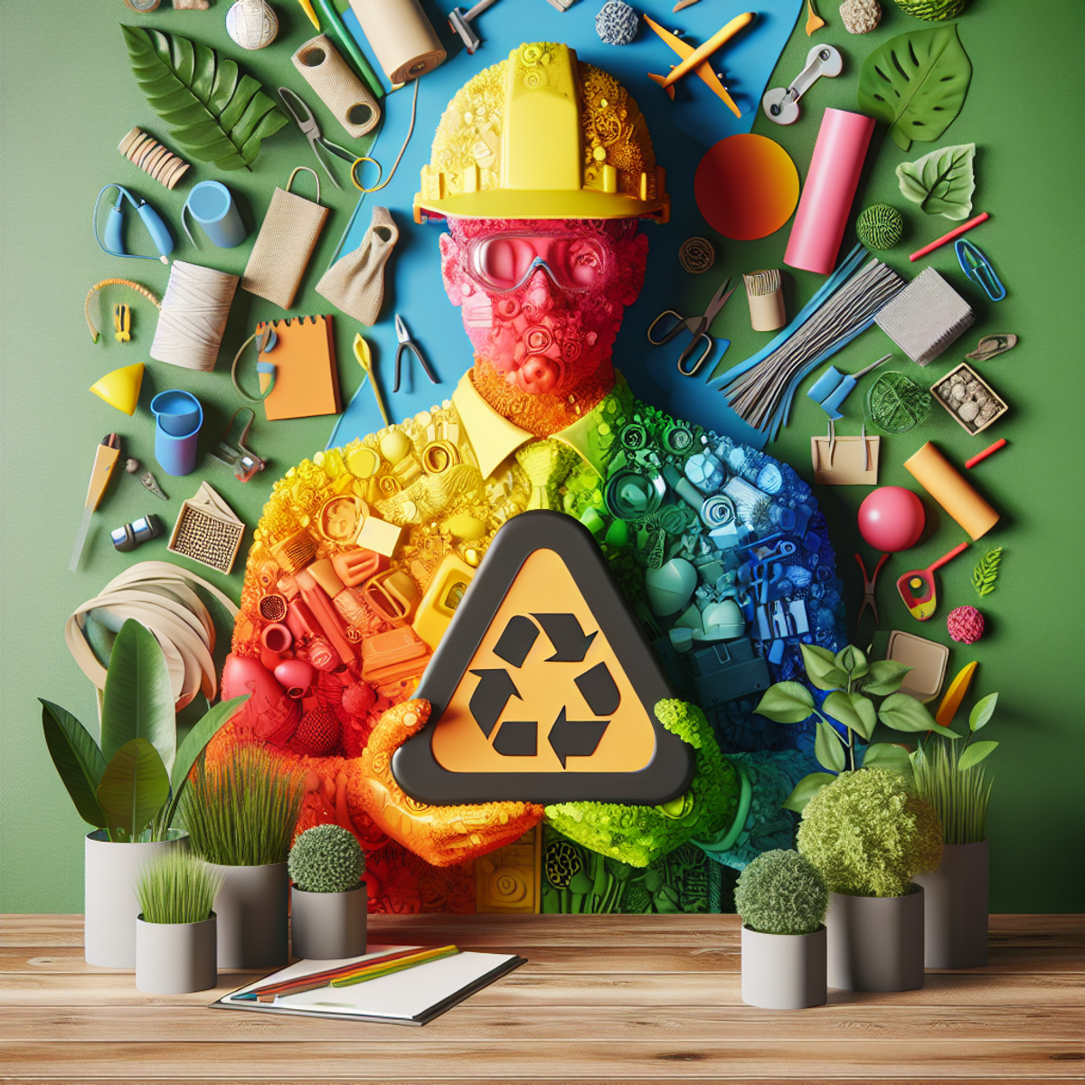 A person wearing a hard hat, holding a safety sign in a room filled with colorful, eco-friendly materials.