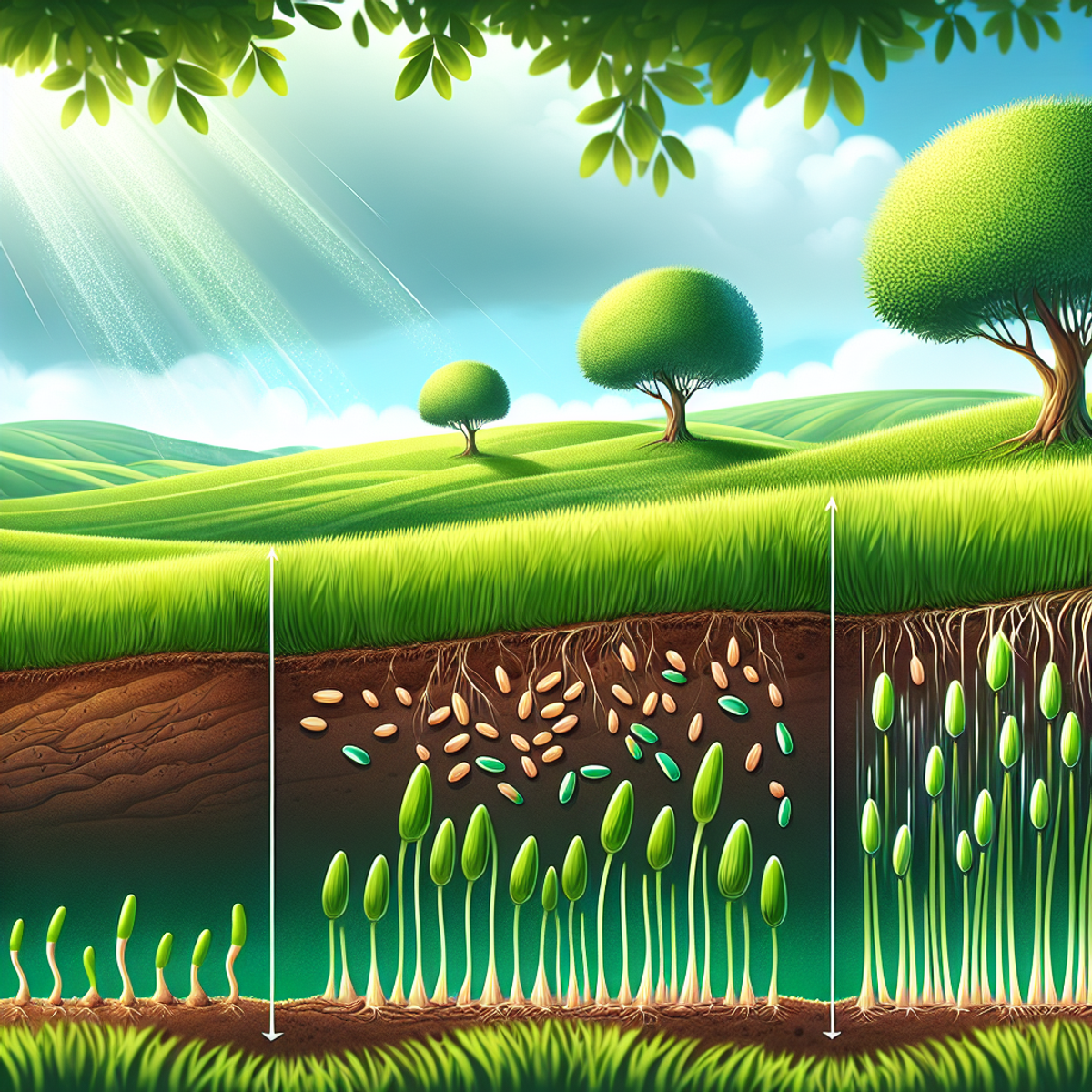 Image alt text: A progression of grass seed development from newly sprouted seedlings to fully grown grass, depicting the stages of germination, growth, and maturity.