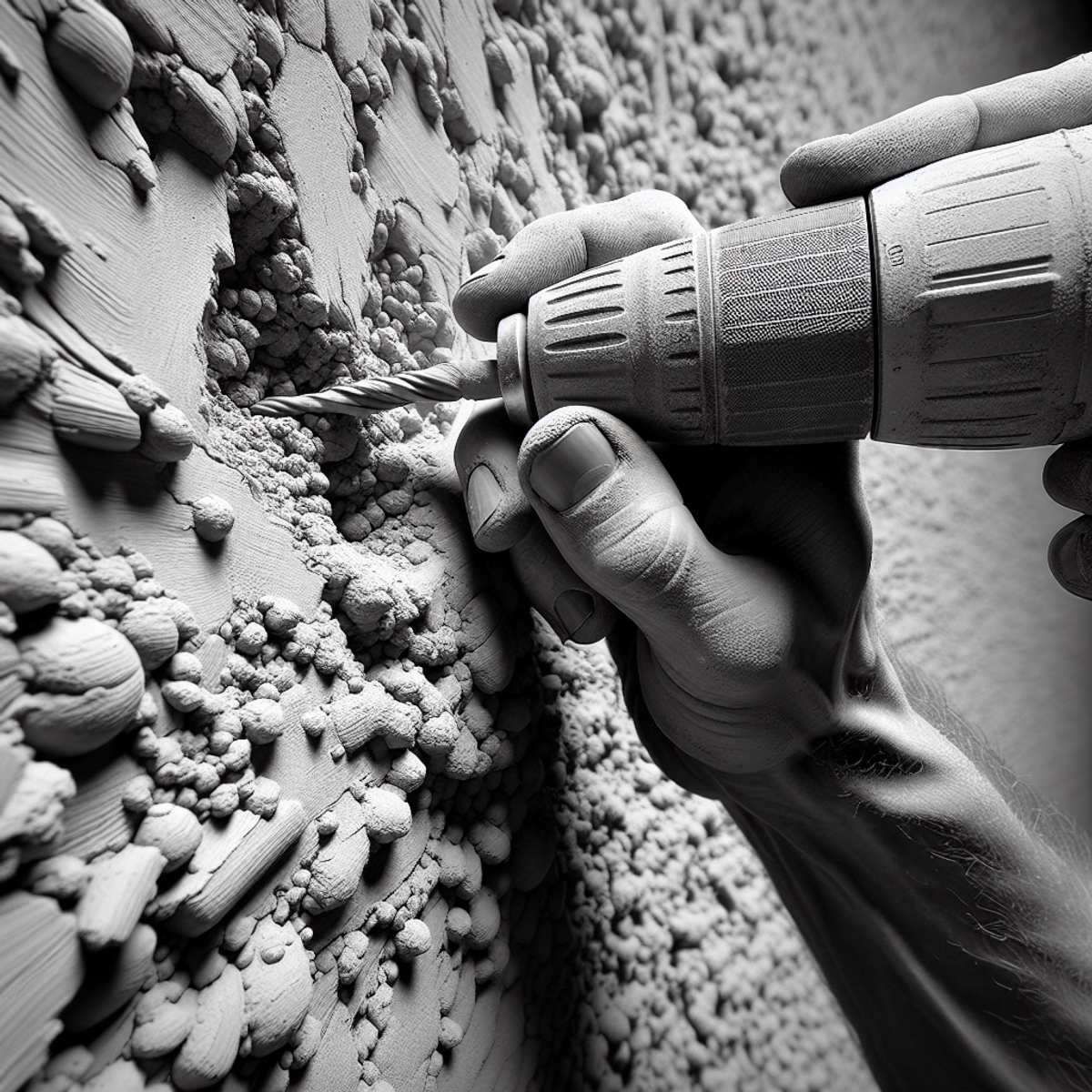 A hand drilling into a stucco wall.