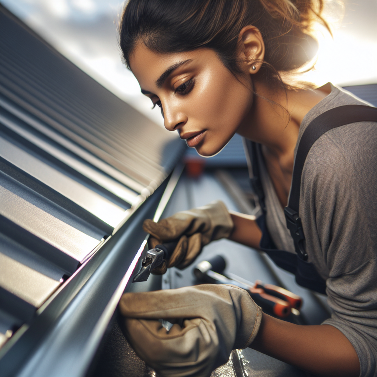 A female roofer of South Asian descent installing gutters on a metallic roof.