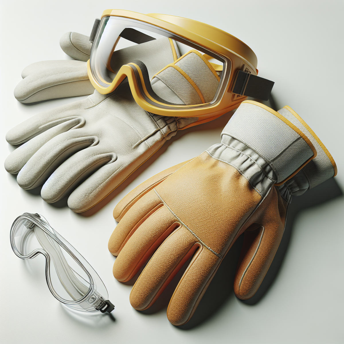 A pair of protective gloves and safety goggles neatly laid on a pristine, white surface.