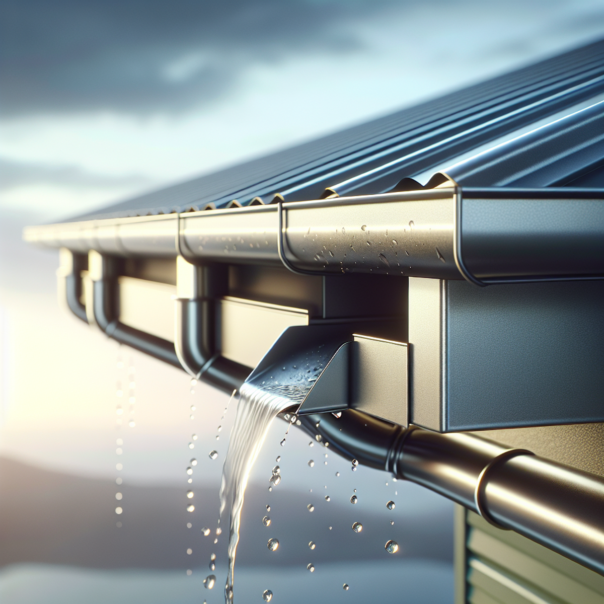 A close-up image of a modern metallic roof under an overcast sky. The roof is sleek and its surface gleams subtly, with an efficient-looking gutter system skillfully directing rainwater away, and beads of rain coursing down the gutter.
