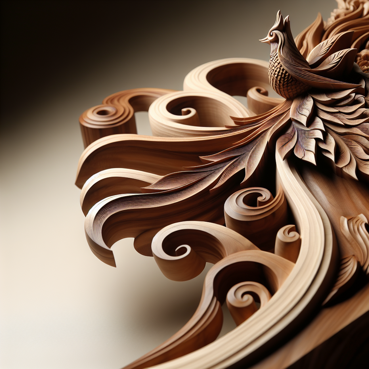A wooden sculpture of a majestic eagle in flight, with its wings outstretched and feathers finely detailed, capturing the essence of grace and power. The wood grain adds depth to the sculpture, highlighting the masterful craftsmanship. The background is neutral to accentuate the sculpture's beauty.