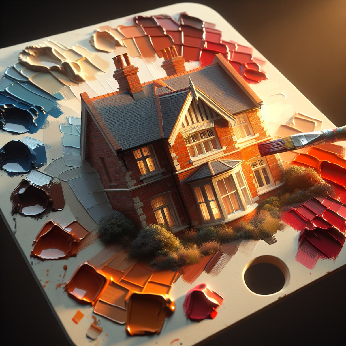 A close-up of a painter's palette with warm and complementary colors, focused on red brick exteriors.