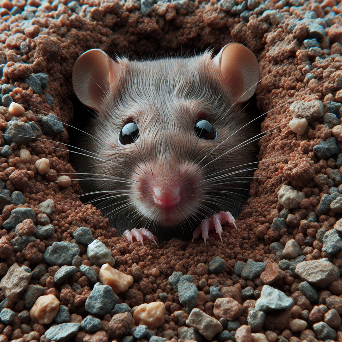 A curious rat peeking out from a gravel burrow.