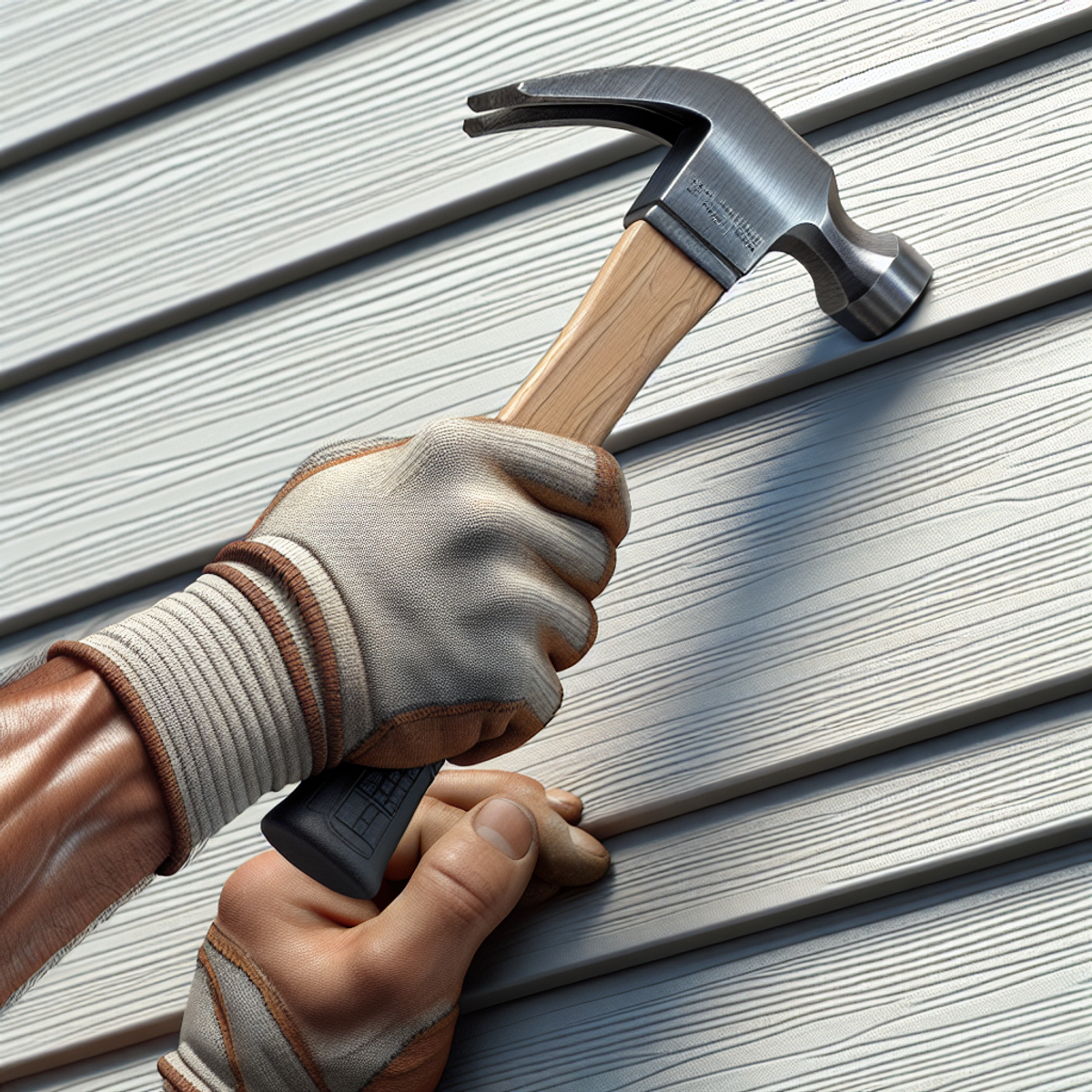 A South Asian male construction worker holding a hammer and preparing to install board and batten vinyl siding.