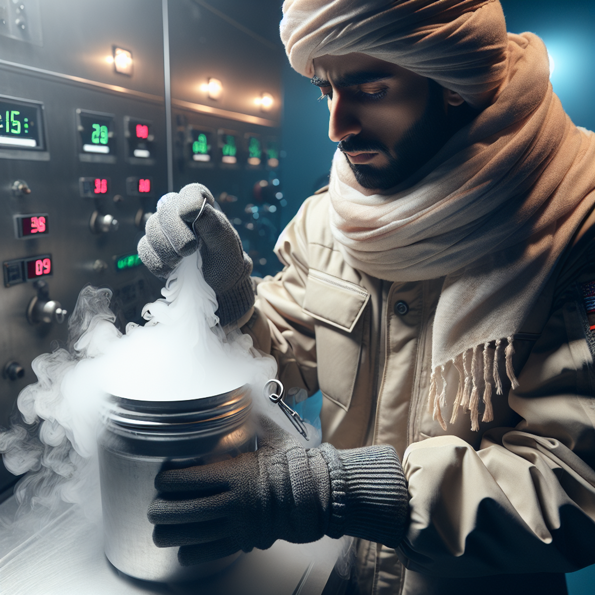 A man in winter attire holding a sealed metal container emitting mist.