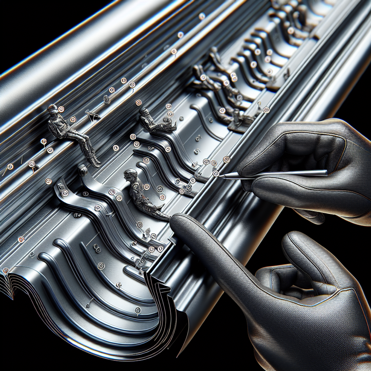 Close-up of a metal roof gutter installation with precise craftsmanship and intricate details.