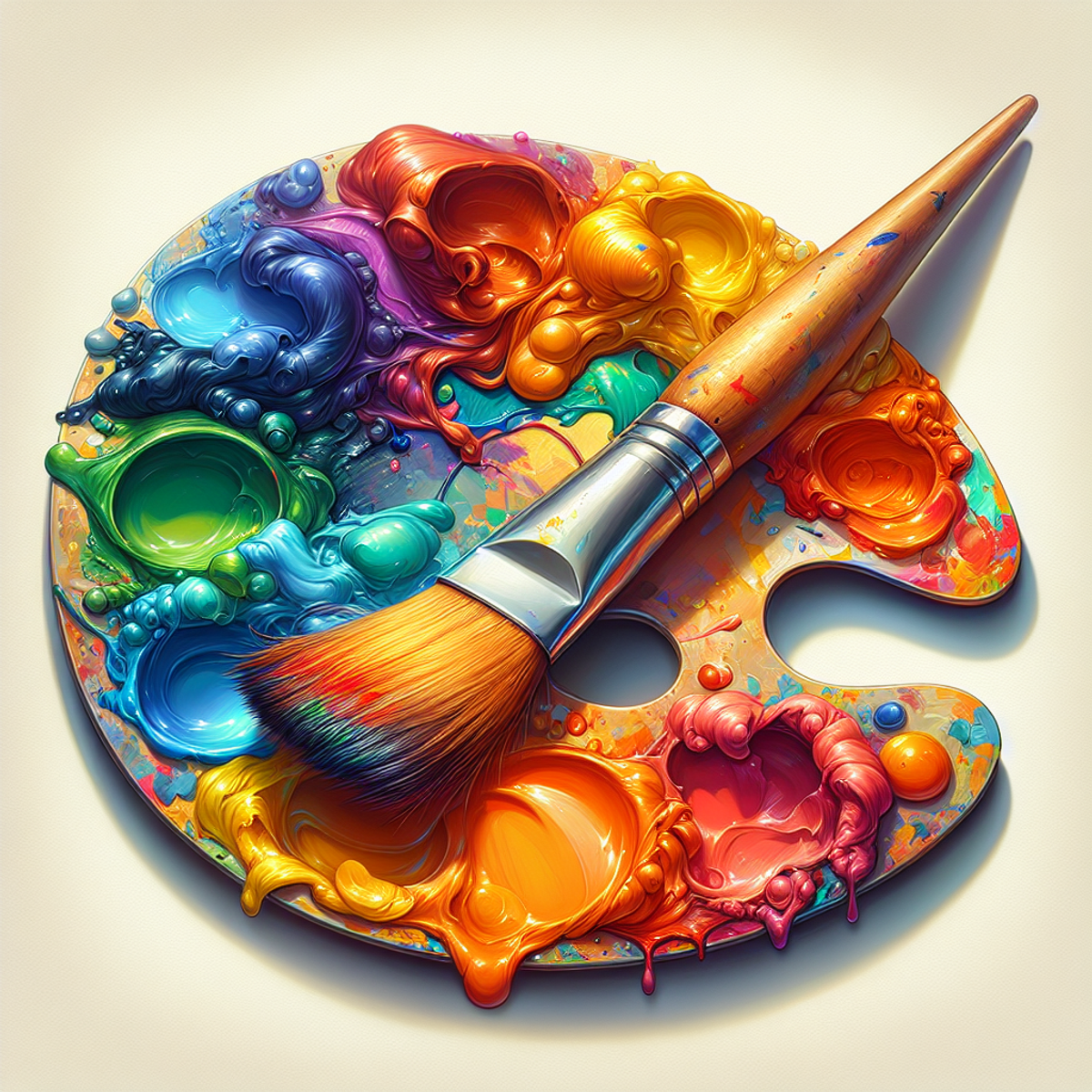 A vibrant paintbrush and palette with a mix of intense, saturated colors.