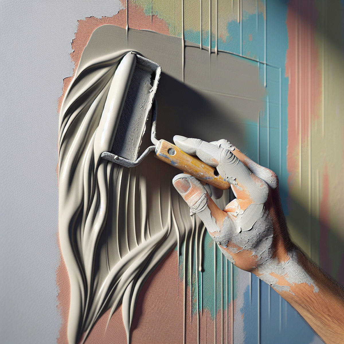 A hand spreading drywall mud over a painted surface.