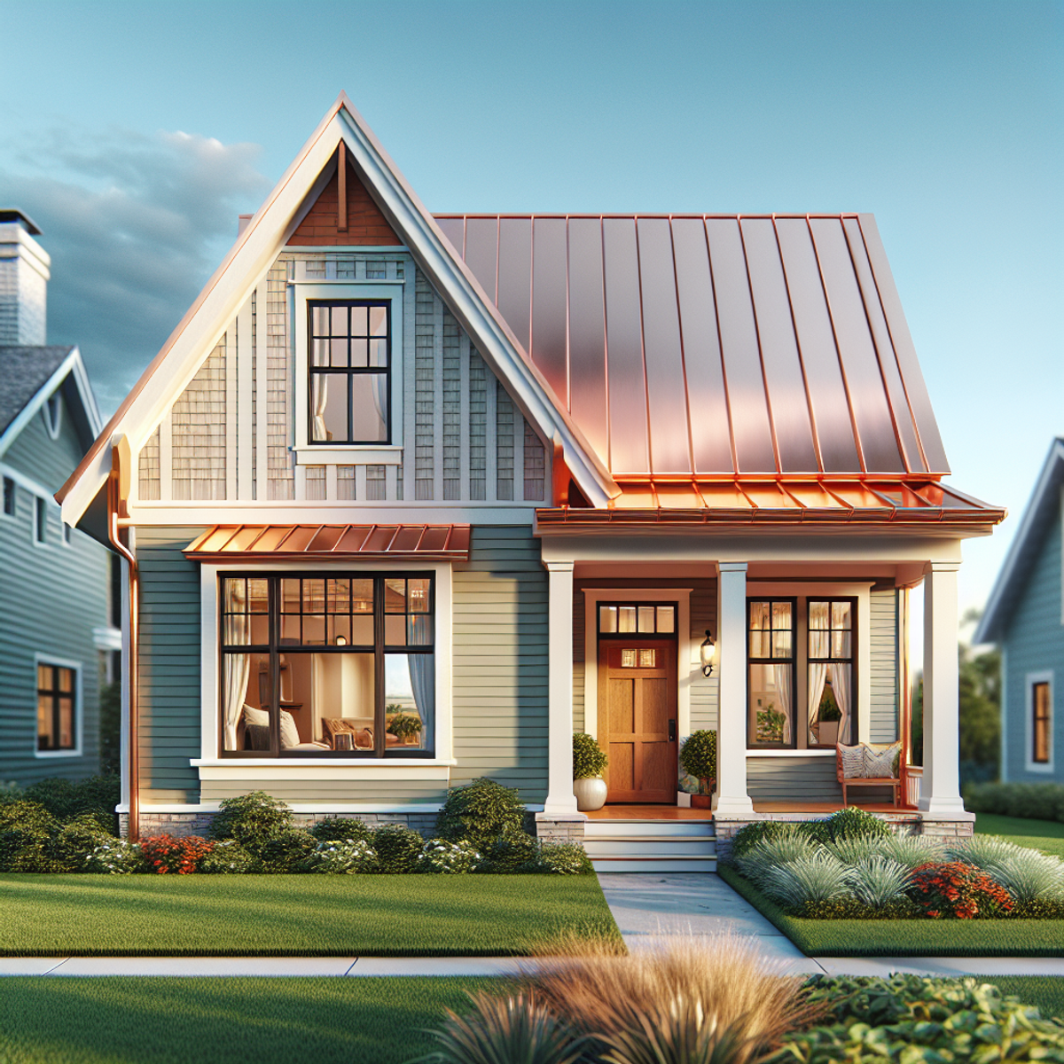 A charming home with a copper roof, surrounded by a lush garden under a clear blue sky.