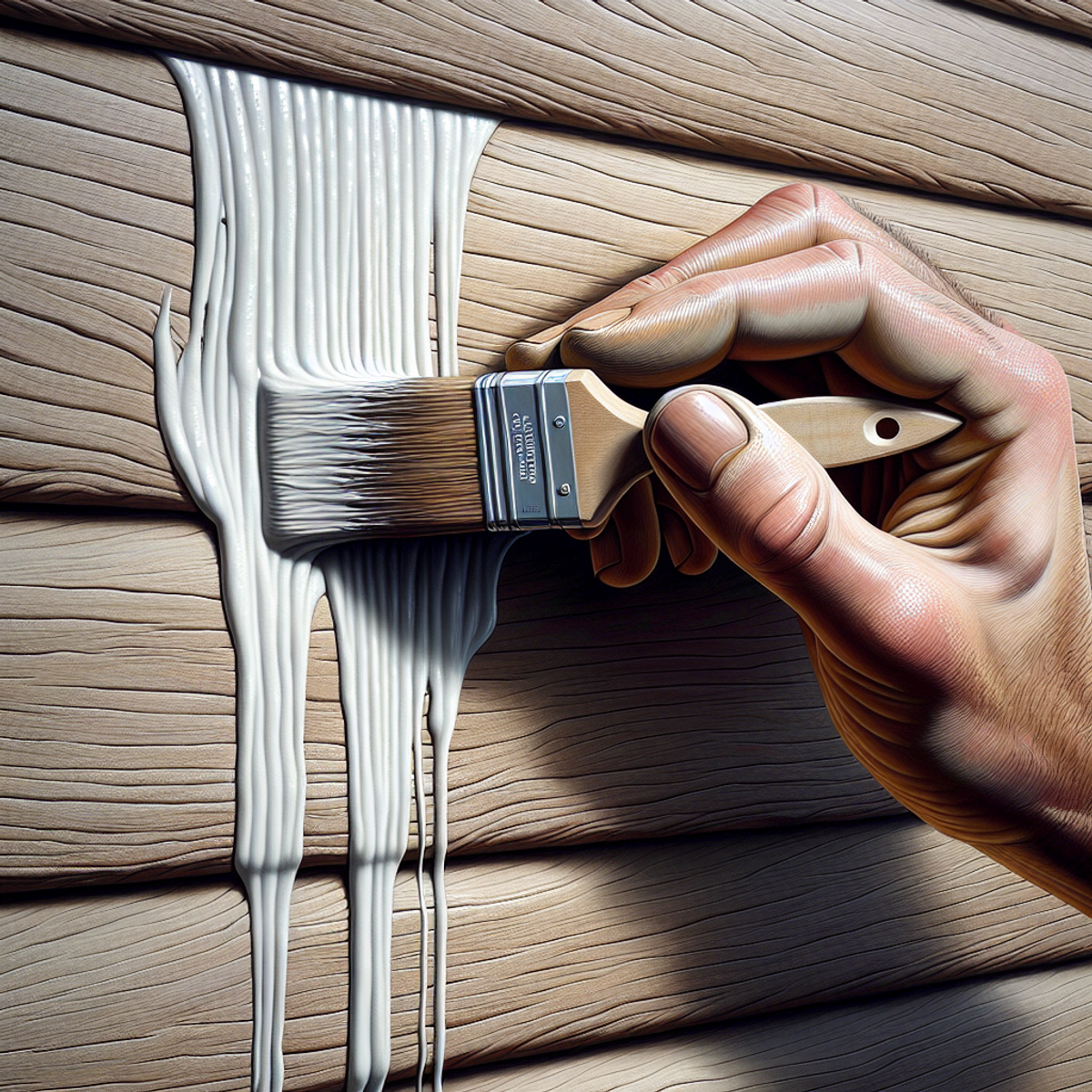 A hand applying primer to a wooden wall.
