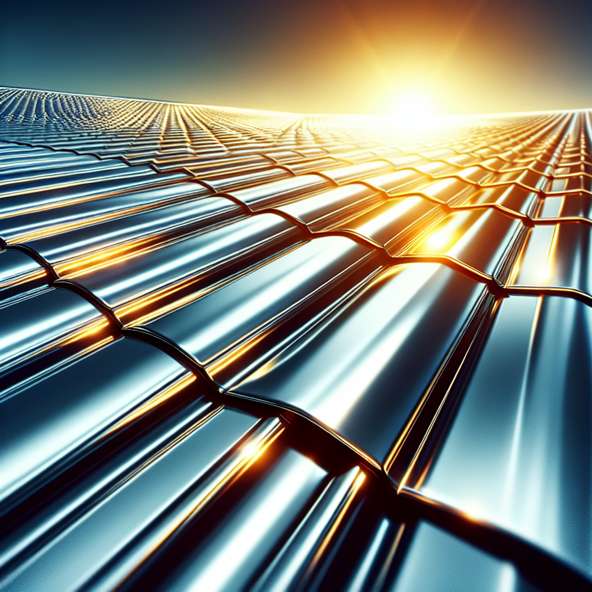 Close-up of a shiny metallic roof reflecting sunlight.