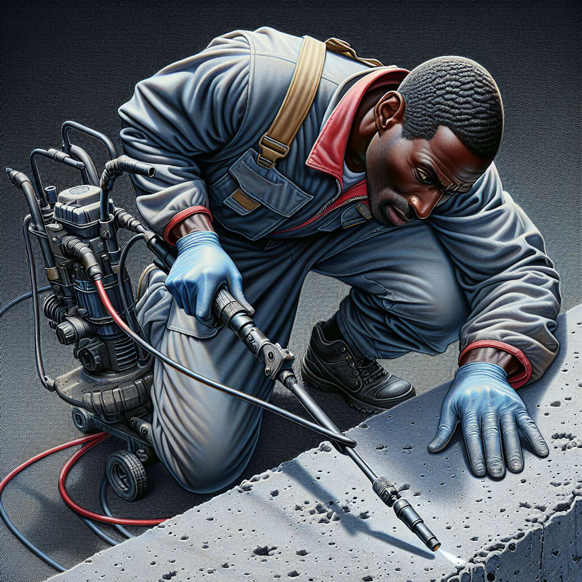 A man in work clothes using a pressure washer to clean concrete.