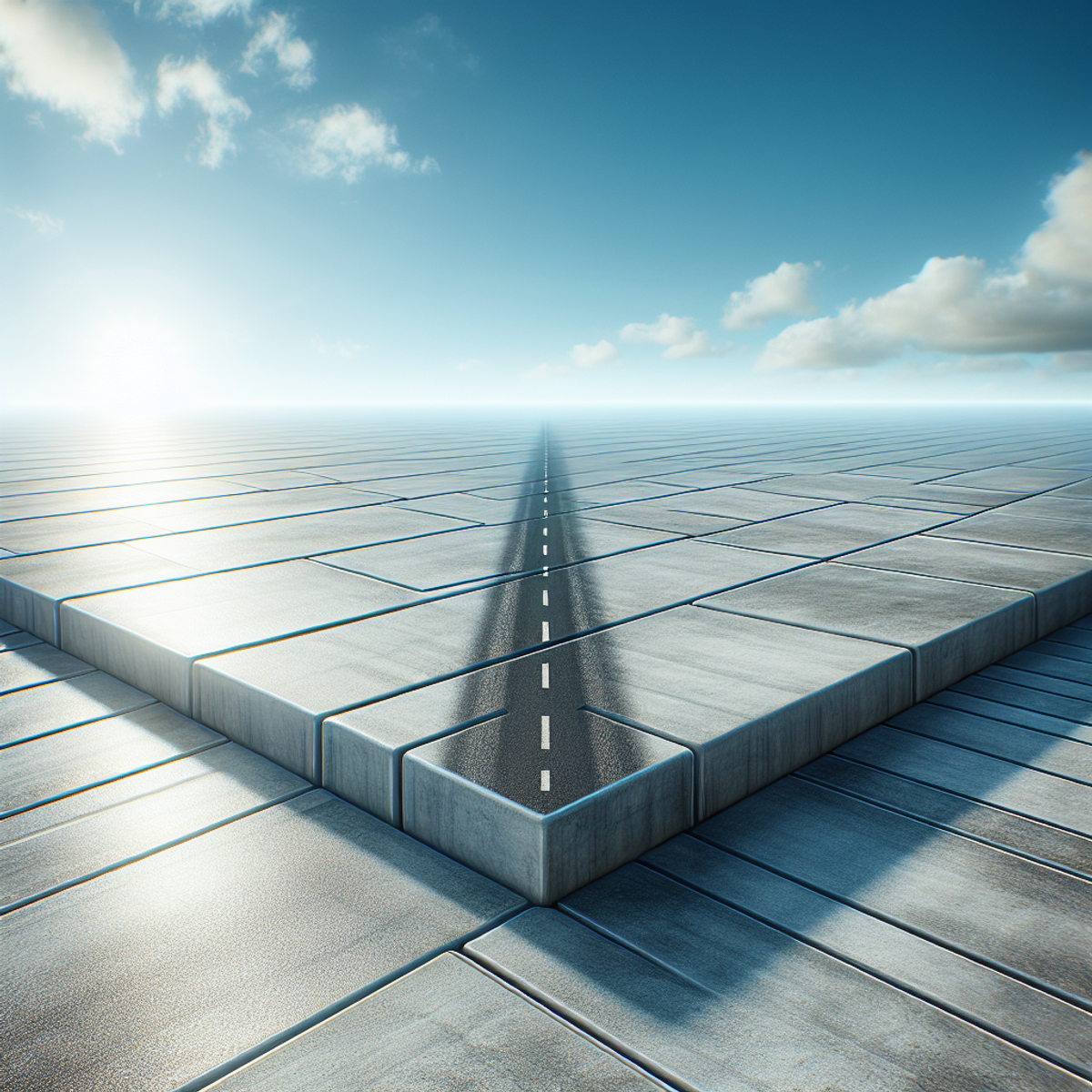 A perfectly sealed concrete driveway with polished smooth surface, reinforced edges, and varying shades of gray reflecting the bright sun and clear blue sky above.