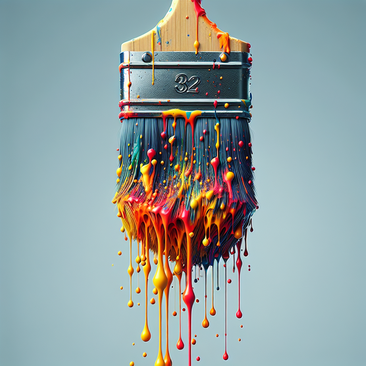 A close-up view of a paintbrush suspended in mid-air with vibrant paint heavily coating the bristles and stagnant drops of paint about to drip.