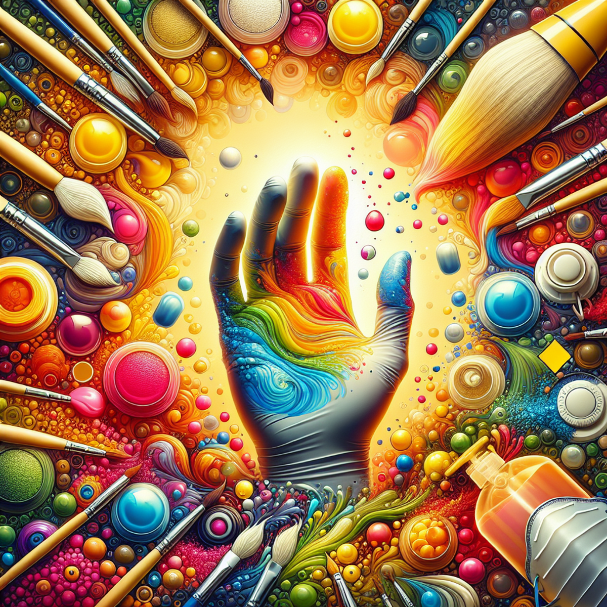 A hand wearing a protective glove submerged in vibrant acrylic paints, surrounded by safety motifs like a paintbrush and safety mask.