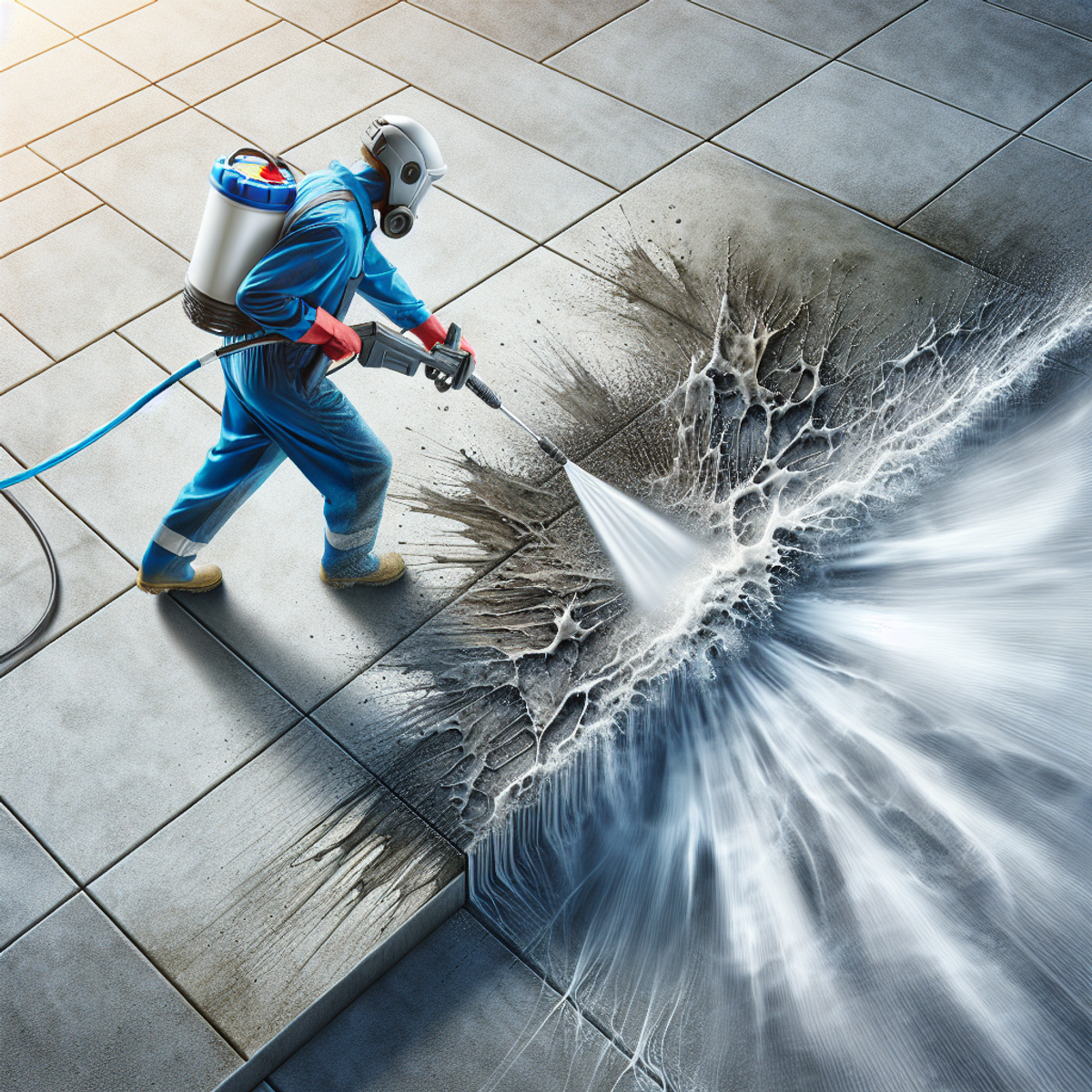 A man in blue overalls and protective gear using a pressure washer to clean a concrete surface, with clear contrasts between the cleaned and uncleaned sections.